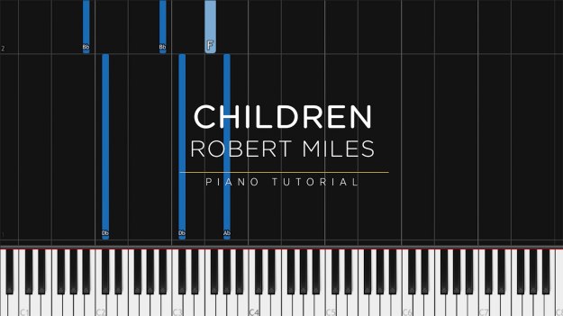 Synthesia piano tutorial still showing falling notes on a piano keyboard