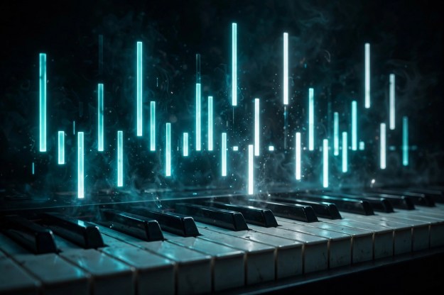 Dark piano keyboard with glowing MIDI note bars